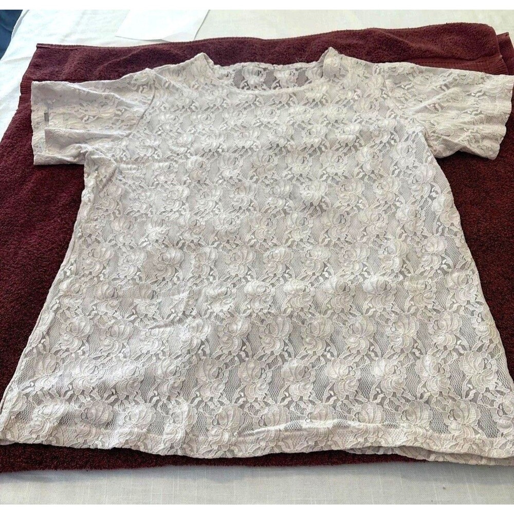 Women’s Vintage White Floral Stretch Lace Top Short Sleeve Size Medium